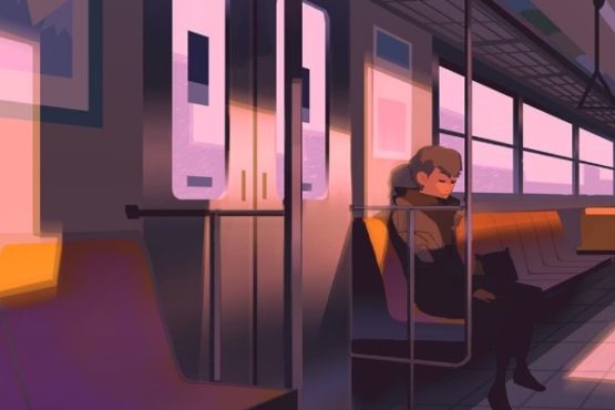 An illustration of a person sitting alone on a train