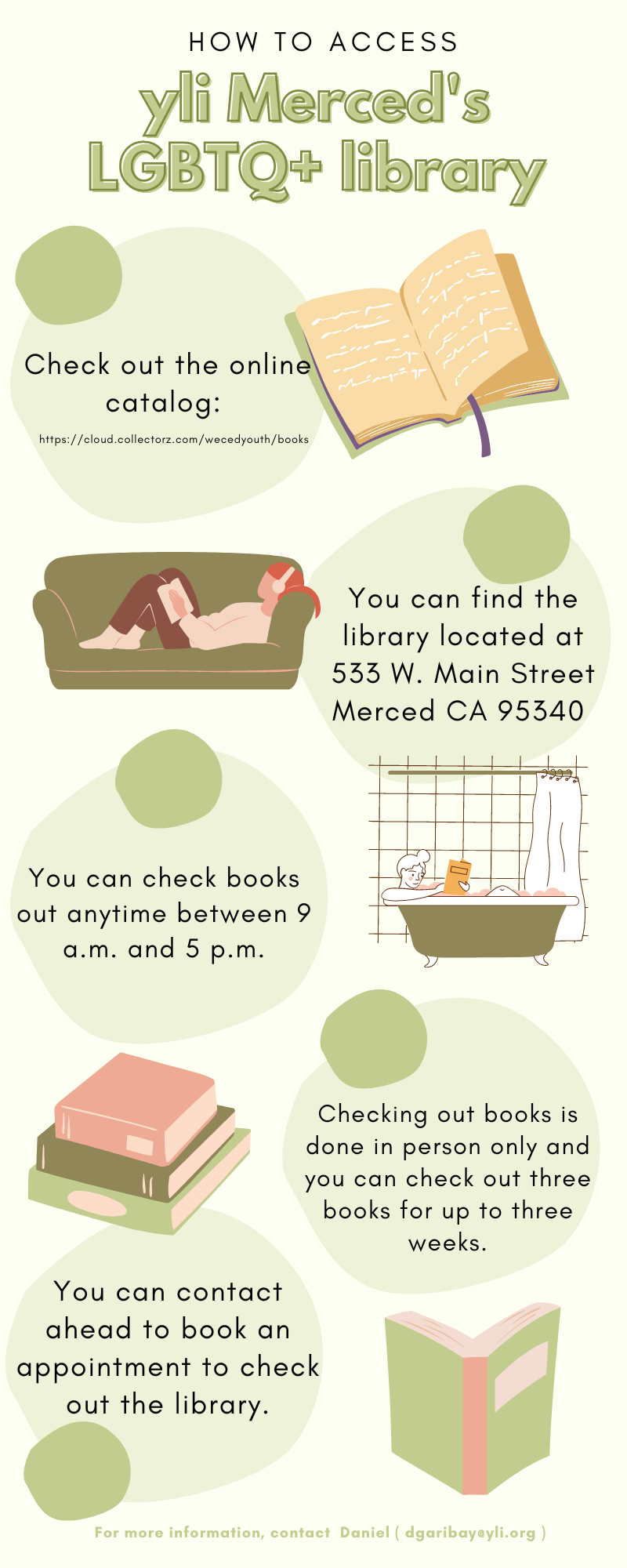 an infographic that outlines how to check out books from yli Merced's LGBTQ+ library